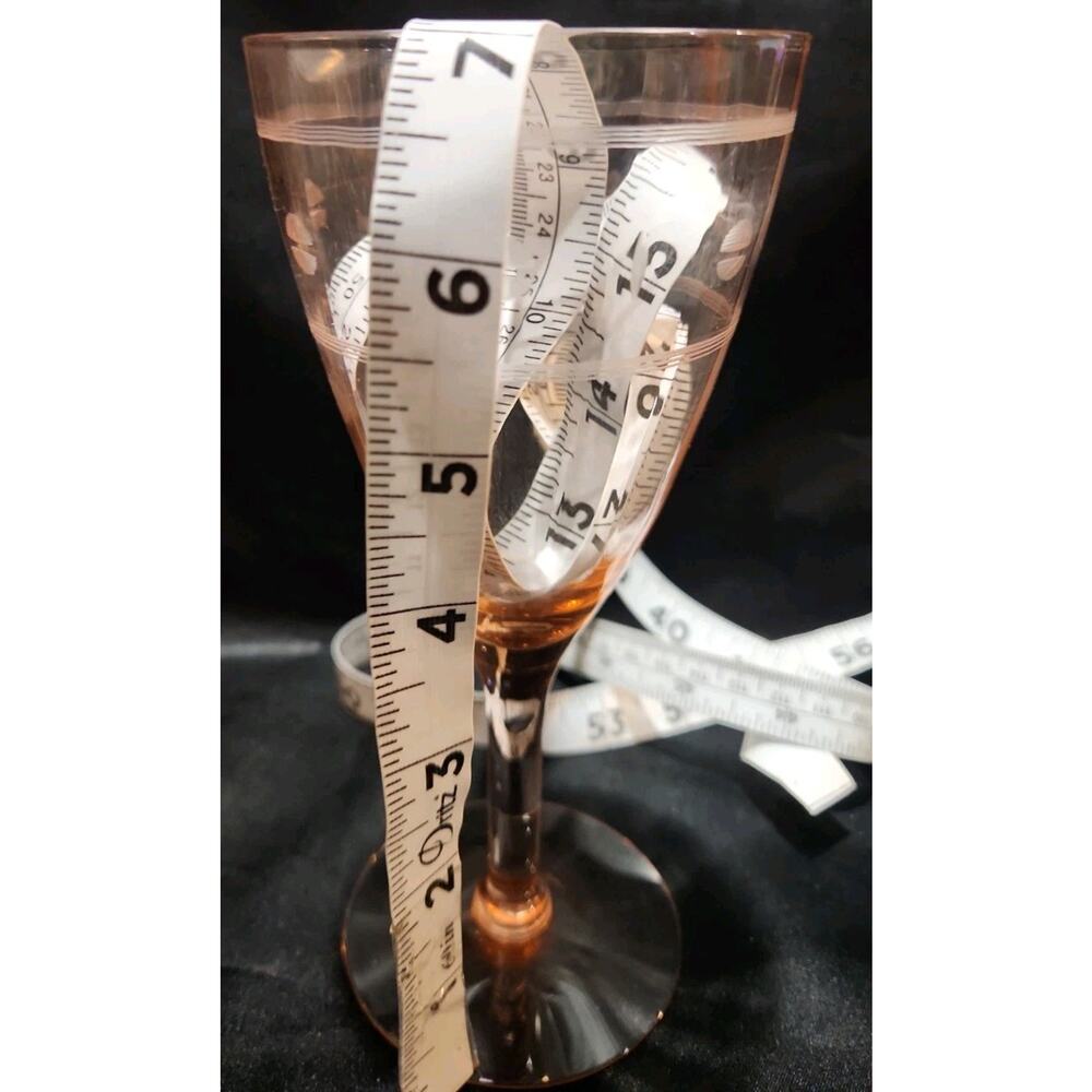 Set Of 5 Pink Depression Water Goblet Glasses With Etched Decoration - Picture 5 of 5